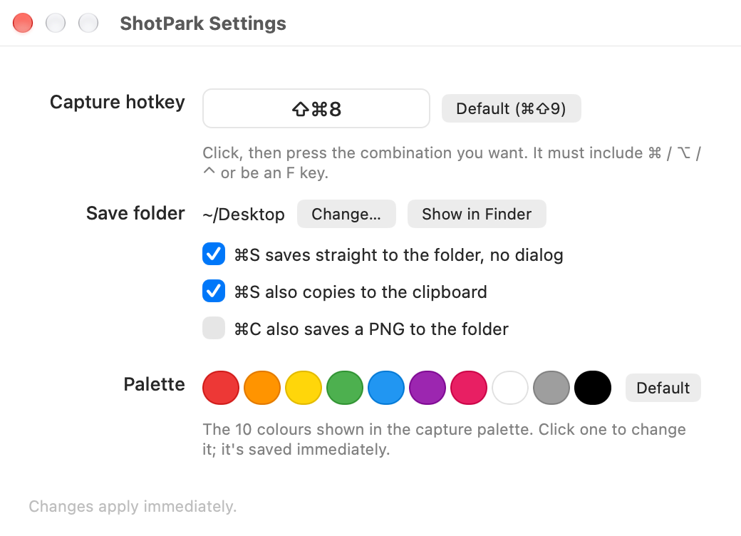 ShotPark settings window — capture hotkey, save folder, direct-save options